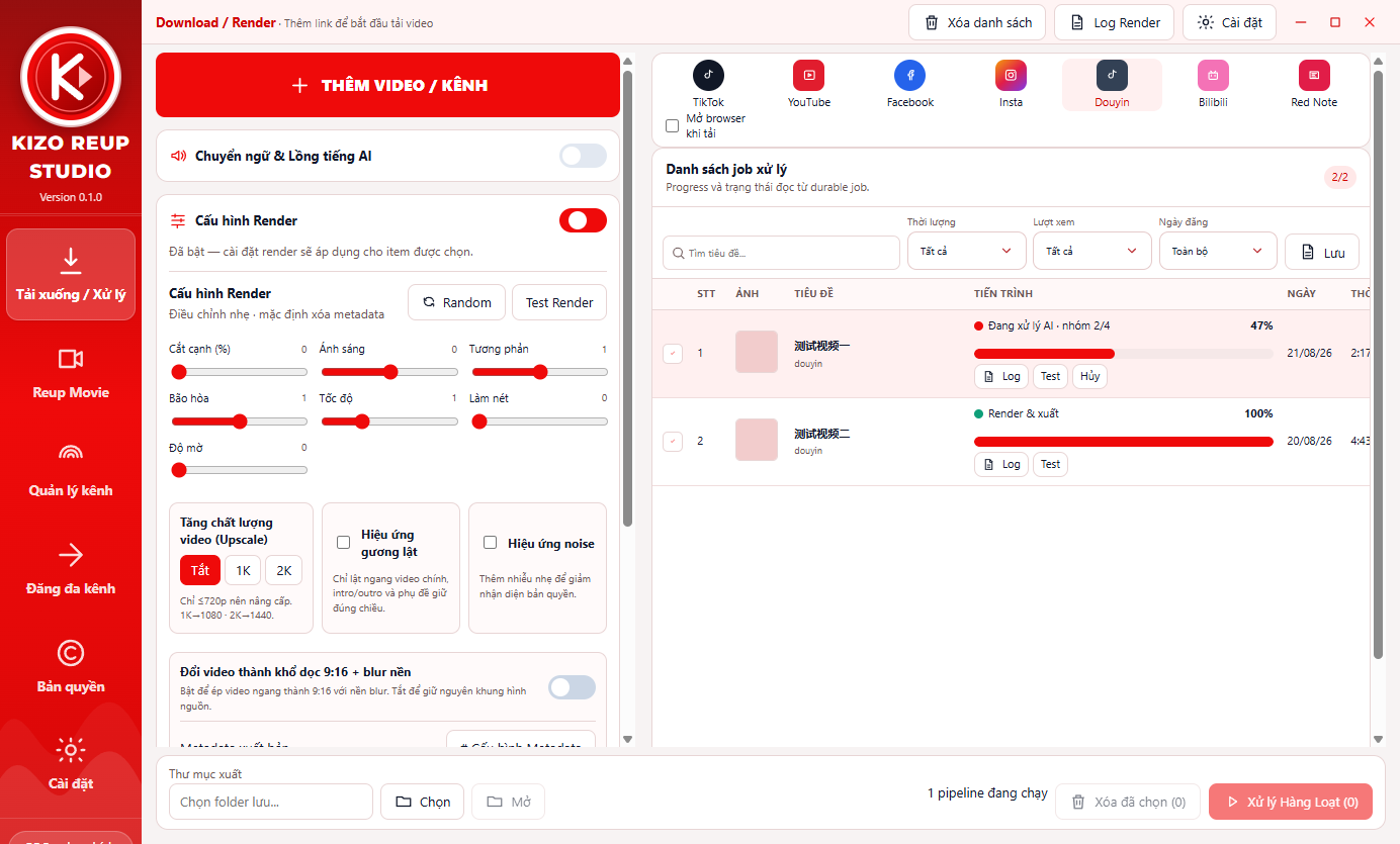 Kizo Reup Download và Xử lý với render cài đặt và danh sách việc